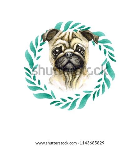 Pug in a green wreath of leaves. Watercolor, dog in a frame, isolated on a white background