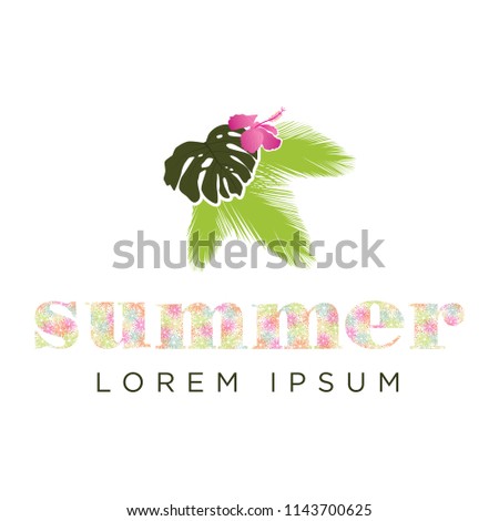 tropical leaves and flowers frame with summer typography