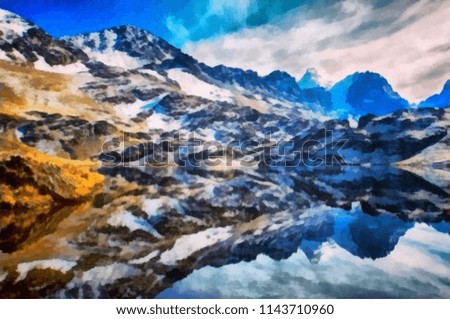 Hand drawing watercolor art on canvas. Artistic big print. Original modern painting. Acrylic dry brush background. Beautiful mountain landscape with a wild lake.    