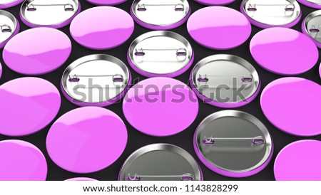 Blank purple badges on black background. Pin button mockup. 3D rendering illustration