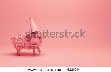 Pink cute cartoon sheep smile wearing party hat. Design creative concept of islamic celebration eid adha or happy birthday. 