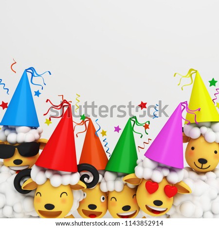 Cute cartoon sheep smile wearing colorful party hat. Design creative concept of islamic celebration eid al adha or happy birthday. Copy space text. 3D rendering illustration. 