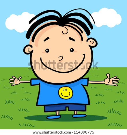 Cartoon Illustration of Cute Little Happy Boy against Blue Sky and Green Grass