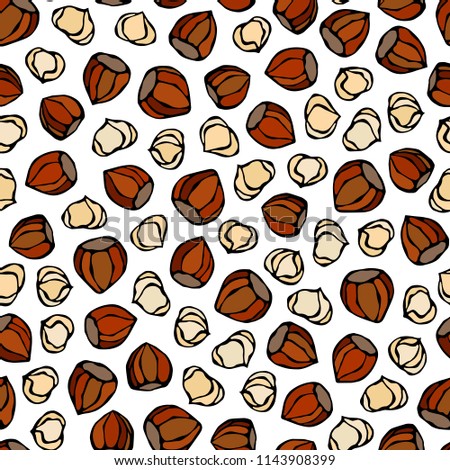 Hazelnut Seamless Endless Pattern. Whole and Peeled Hazelnut. Autumn or Fall Harvest Collection. Realistic Hand Drawn High Quality Vector Illustration. Doodle Style.