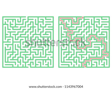 Maze in square. Labyrinth with solution. Maze symbol. Isolated on white background.
