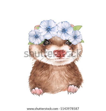 Cute ferret in wreath. Watercolor illustration, isolated on white