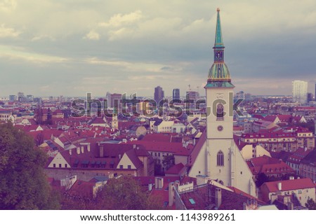 Image of view on downtown with St. Martin Cathedral in Bratislava.