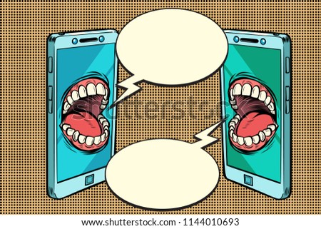 Chat communication by phone concept. Comic cartoon pop art retro vector illustration drawing