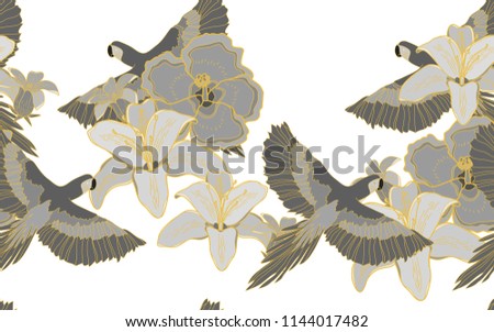 Tropical pattern of parrots and hawaiian flowers. Golden outline. Vintage vector botanical illustration. Seamless background, texture, wrapper pattern, frame or border. Digital nature art.