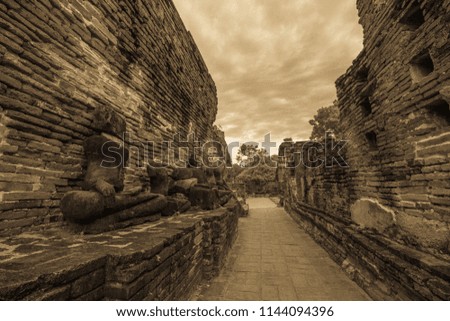 retro styled picture of buddhist image, Chedis and prangs at Wat Mahathat, Ayutthaya, thailand