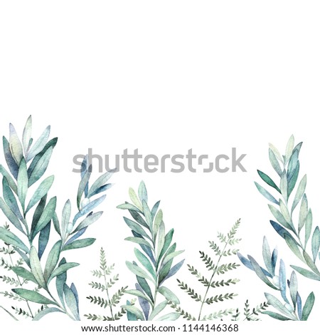 Watercolor floral card with eucalyptus branch and fern. Hand drawn botanical illustration. Wedding background