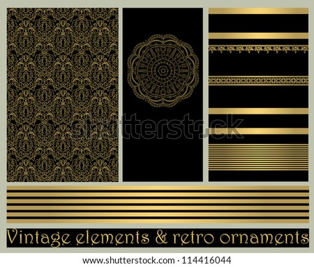 Set of gold retro design elements for page decoration, cute vignette, old ornate card, menu frame, gold art ribbon, royal row, king image, black grunge backdrop, type label vector eps 10