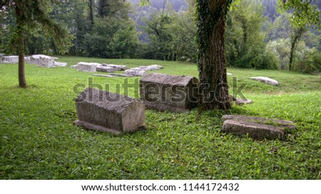 TARA National Park, Western Serbia - Unmarked medieval tombstones named Mramorje placed in the village of Perucac
