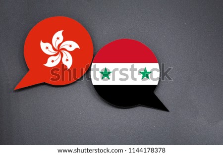 Hong Kong and Syria flags with two speech bubbles on dark gray background