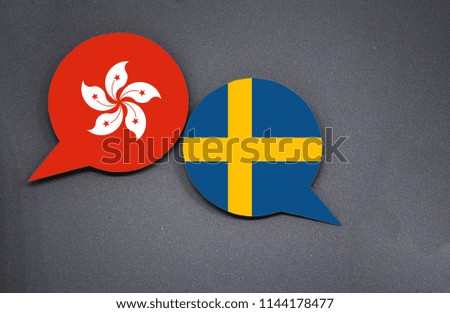 Hong Kong and Sweden flags with two speech bubbles on dark gray background