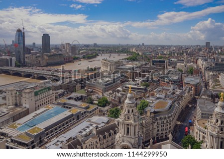 Aerial view of city of London, England taken from St Pauls Cathedral.