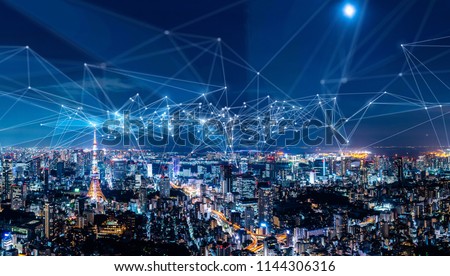 Smart city and communication network concept. IoT(Internet of Things). ICT(Information Communication Network). Royalty-Free Stock Photo #1144306316