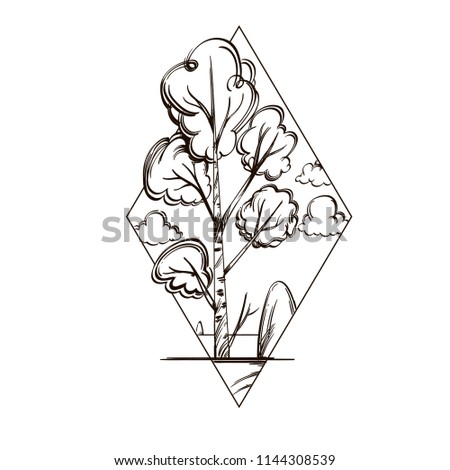 Landscape with birch in the shape of diamond. Vector illustration isolated on white background for posters, stickers and much more.