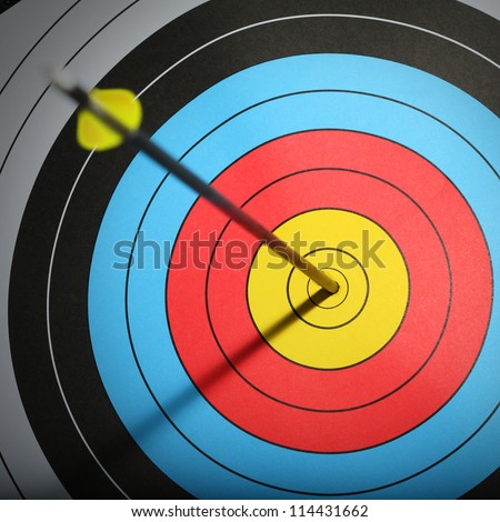 Arrow hit goal ring in archery target. Royalty-Free Stock Photo #114431662