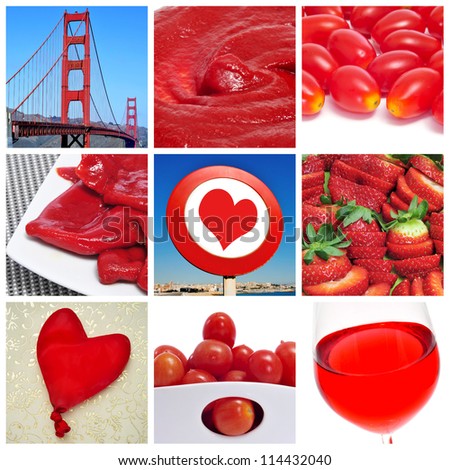 a collage of nine pictures of different red things, as the Golden Bridge, tomato sauce, baby plum tomatoes, Piquillo peppers, a heart sign, strawberries, a heart-shaped balloon or red wine
