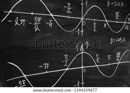 Math lesson. Sine and cosine functions. Graphics graphics drawn on the Board Royalty-Free Stock Photo #1144339877