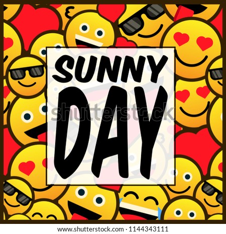 sunny day, cute label, logo, background with emoji illustration, vector