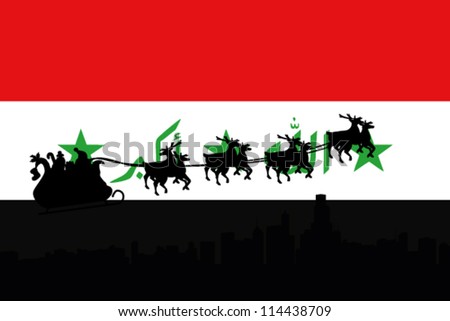 Vector Illustration of the flag of Iraq with santa flying his sliegh over a city