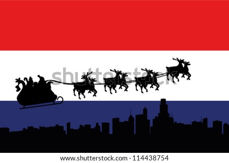 Vector Illustration of the flag of Netherlands with santa flying his sliegh over a city