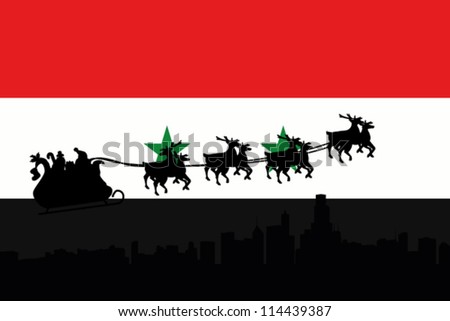Vector Illustration of the flag of Syria with santa flying his sliegh over a city