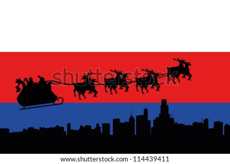 Vector Illustration of the flag of Serbia with santa flying his sliegh over a city