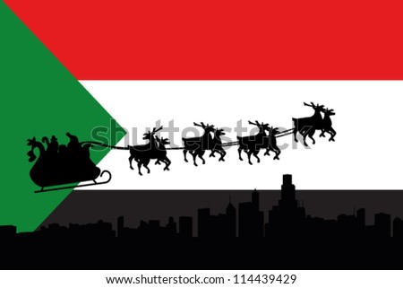 Vector Illustration of the flag of Sudan with santa flying his sliegh over a city