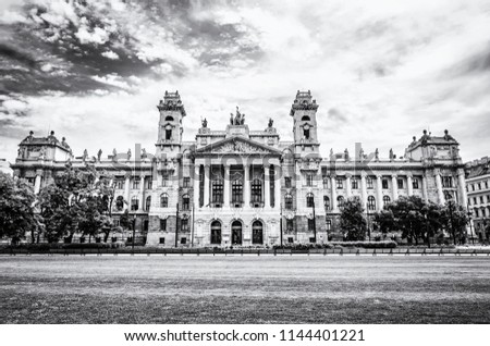 Ethnographic museum building, Budapest, Hungary. Cultural heritage. Travel destination. Tourism theme. Architectural theme. Kossuth square. Black and white photo.