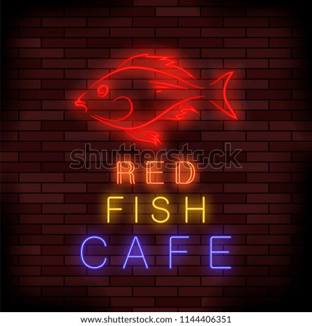 Vector Colorful Neon Fish Food Sign on Brick Wall Background.