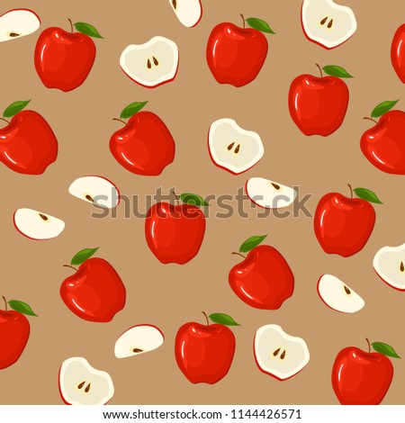 Apple summer pattern with red apples and green leaves isolated on brown background. Fruit concept. Healthy eating