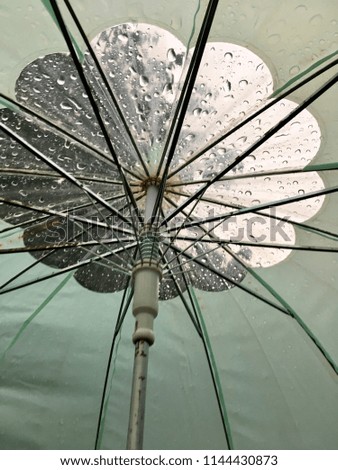 Light green color umbrella with rain water drops  background