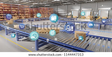 View of a Logistic organisation on a warehouse background 3d rendering Royalty-Free Stock Photo #1144447313