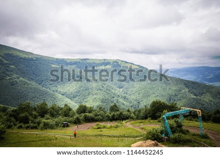 Carpathian forest before rainy night. Landscape with pine forests and mountains in summer. Zakarpattya, Ukraine.