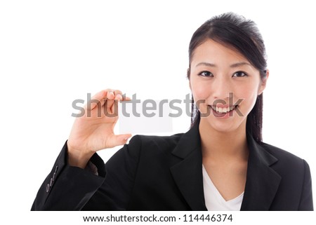 asian businesswoman showing name card on white background