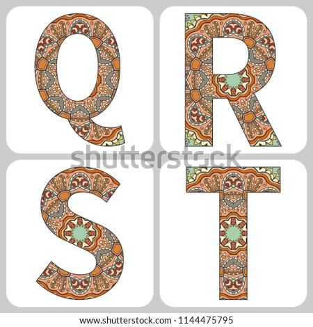 Vector set of large capital letters with doodle pattern. Hand drawn floral and geometric ornament. Isolated design elements on white background