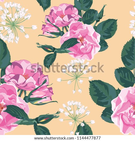 Trendy floral background with wild rose, rosa canina dog rose garden flowers. Hand drawn style on yellow backdrop. Blooming botanical motifs scattered random. Vector seamless pattern for prints. Royalty-Free Stock Photo #1144477877