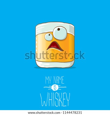 vector funny cartoon smiling whiskey glass character isolated on white background. My name is whiskey vector concept. funky hipster alcohol character icon for bars label or menu
