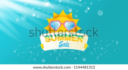 summer sale vector label or horizontal web banner. summer happy sun character holding sign or banner with special offer sale text isolated on azure sky horizontal background