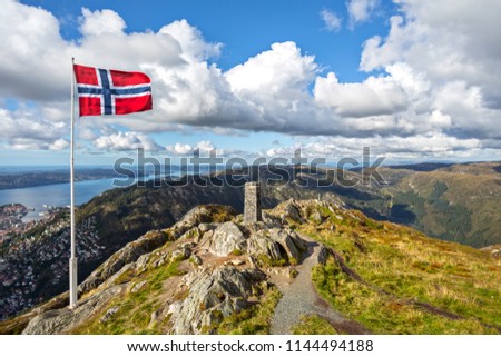 Aerial  View Bergen .Mount Floyen Viewpoint and Norway Flag in Bergen ,Norway