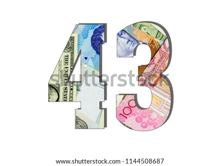 43 Number Different Worlds Banknotes. Background for business. Money concept

