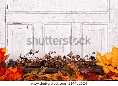Autumn still life with acorns and leaves with wooden panel for background