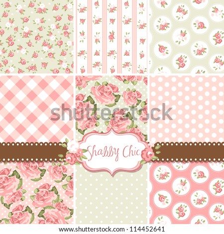 Shabby Chic Rose Patterns and seamless backgrounds. Ideal for printing onto fabric and paper or scrap booking. Royalty-Free Stock Photo #114452641