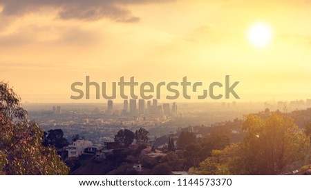 Century City skyline view at sunset in west Los Angeles valley area from Runyon Canyon. West LA hills