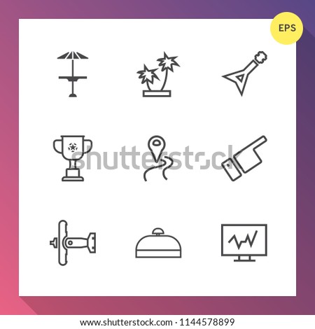 Modern, simple vector icon set on gradient background with road, finger, table, counter, cafe, bag, wooden, showing, summer, suitcase, medicine, guitar, competition, tropical, aircraft, war, cup icons