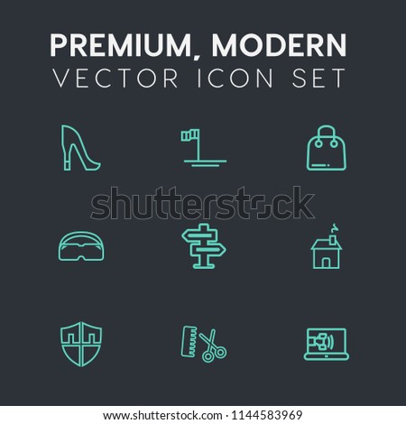 Modern, simple vector icon set on dark grey background with building, door, elegant, hanger, communication, sale, heel, salon, mexico, sea of cortes, room, female, nature, doorknob, high, shield icons