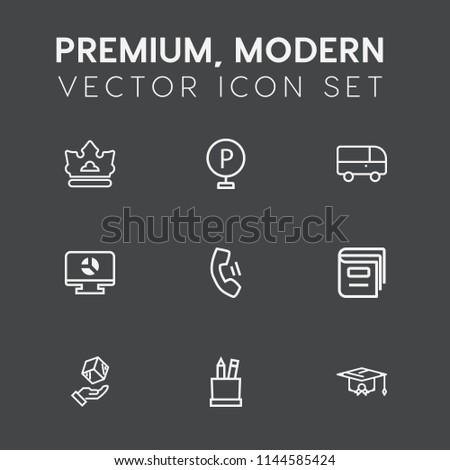 Modern, simple vector icon set on dark grey background with home, school, cargo, king, education, equipment, speed, stationery, telephone, bus, delivery, street, cell, princess, shipping, graph icons